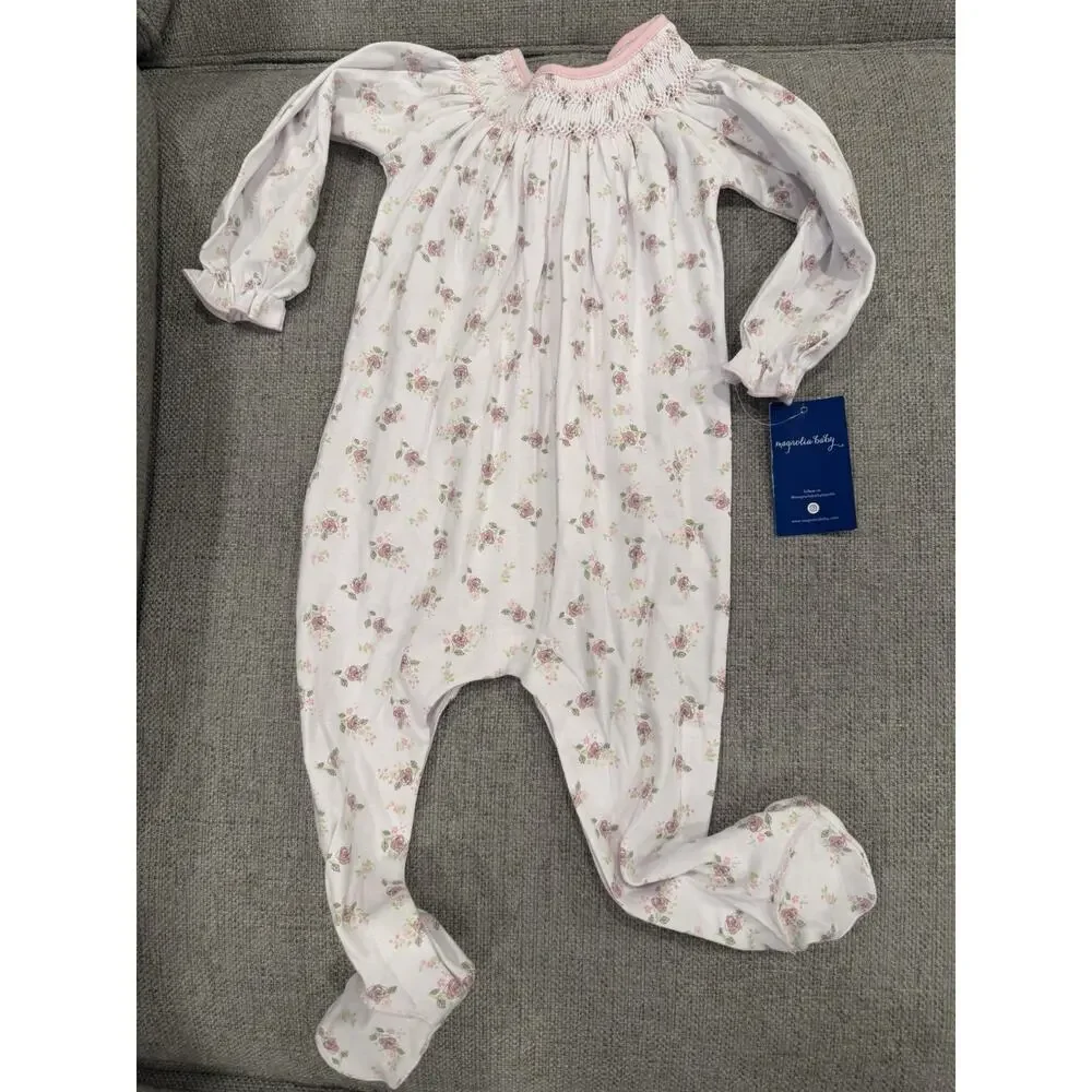Magnolia Baby Smocked Bishop Style Long Sleeve Fleoal Romper 9 Months NWT $62